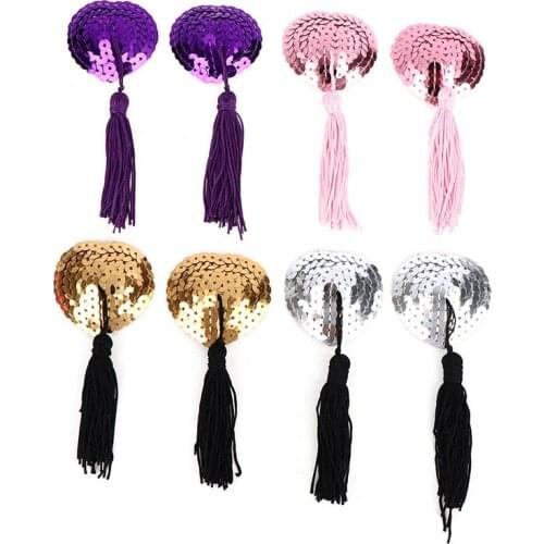1pair Sex Product Sexy Sequin Nipple Covers With Tassels Heart Shape Nipple Stickers Pasties Wholesale Chest Stickers