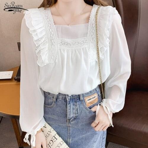 Autumn Splicing Ruffled Chiffon Blouse Loose Thin Women Blouse with Bow Tie Long-sleeved Solid Square Collar Women Shirt 16245