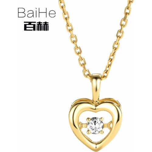 BAIHE Solid 18K Yellow Gold 0.08ct Natural Dancing Diamond Necklace Women Trendy Fine Jewelry Beautiful heart Pendant Necklaces