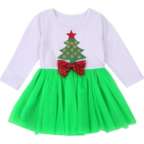 Baby Girls Christmas Themed Party Dress Show Costume Sequins Print Long Sleeve Yarn Dress Elastic Waist Skirt with a Bow