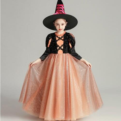 Flower Girl Dress Illusion Embroidery Pearls Crystal O-Neck Princess Floor-Length Tulle Lace Luxury Orange Kids Party Gown H406