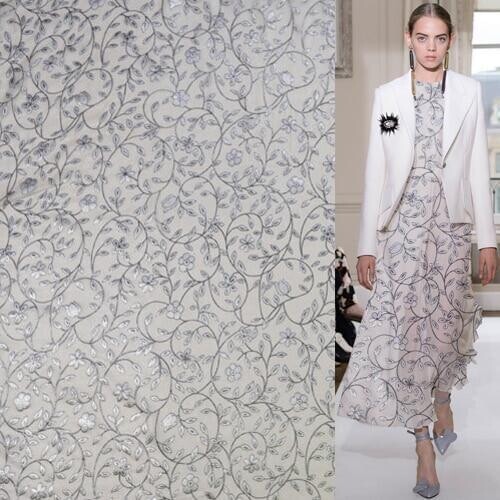 Silk blended silk burnt-out fabric silver floral design need lining,SB0059