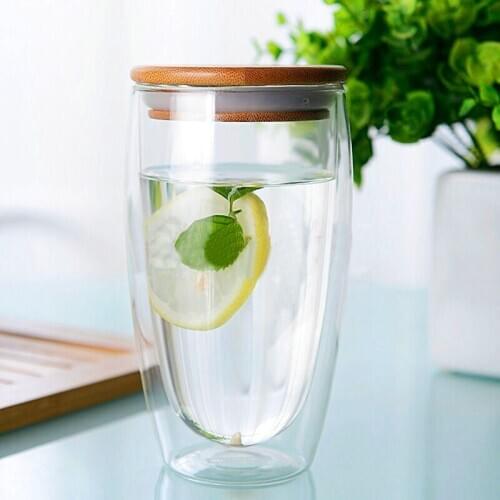 Double Wall Glass Cup With Bamboo Lid Crystal Clear Coffee Tea Cold Drinks Cup Cola Fruit Juice Whiskey Drinkware Beer Steins