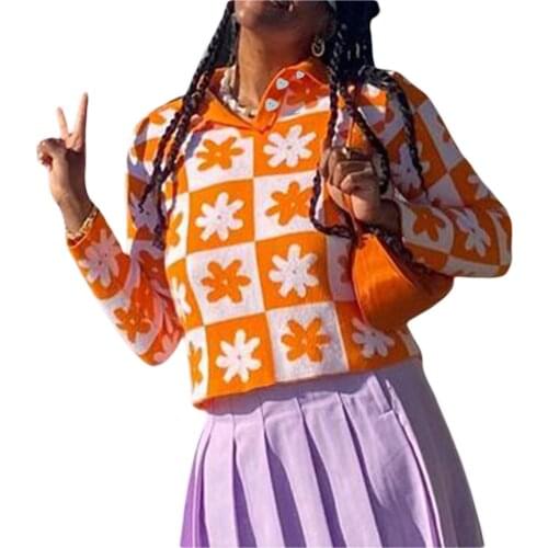Women Close-fitting Knitwear, Plaid and Floral Pattern Turn-down Collar Long Sleeve Pullover, Black/ Orange