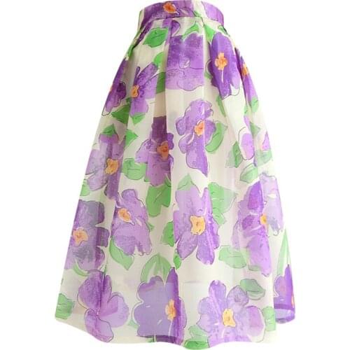 2021 summer vintage Organza printed skirt women high waist knee length ball gown skirt