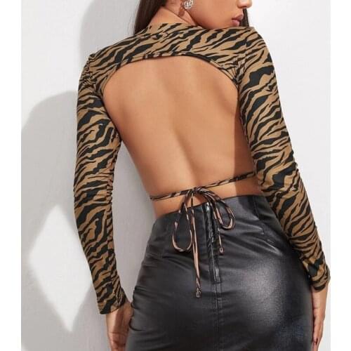 Robe Polo Femme Fashion Print Long Sleeve Crop Tops For Women Bandage Sexy Backless Top Female Cropped Top Summer