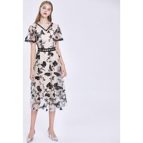 French Elegant Embroidery Butterfly Flower Mesh Short Sleeve V-neck Dress New Fashion Runway Summer Women Dress Vestidos