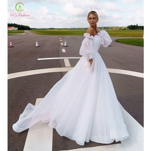 SSYFashion White Organza Wedding Dress Strapless Lantern Sleeve A-line Floor-length Wedding Gowns for Bride Vestidos De Novia