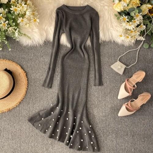 New Autumn Winter Women Dress Solid Knitted O-neck High Waist Female Fashion Long Sleeve Irregular Ruffles Beading Mermaid Dress