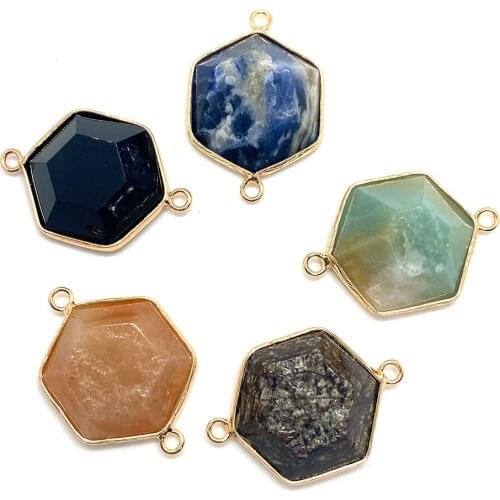 1 Piece of Natural Stone Two-hole Connector Pink Crystal White Turquoise Hexagonal Faceted Pendant To Make A Necklace Bracelet