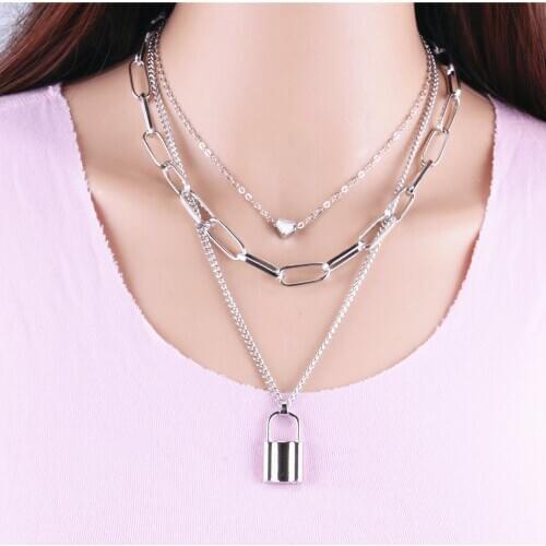 12Pcs/lot Multi-layer Lock Pendant Necklace for Women Love Heart Lock Pendant Chain Necklace