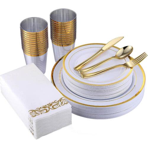 175 pieces of golden plastic party tableware, suitable for 25 people one-time birthday party decoration cake plastic plate