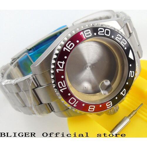 43MM Sapphire Glass Black Red Bezel Stainless Steel Watch Case Date Magnifier Fit ETA 2836 Movement+Watch Bracelet C57