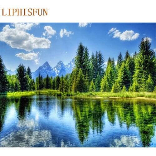 Diamond Painting Cross Stitch Full Square Round Picture of Rhinestone DIY Mosaic Embroidery Tree River New Year Gift