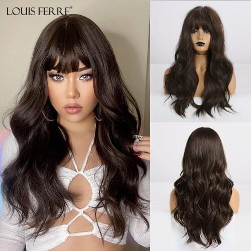 LOUIS FERRE Long Wave Wigs with Bangs Black Brown Wigs for Women African American Synthetic Hair High Temperature Fiber Cosplay