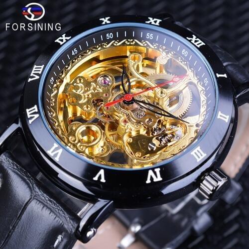 Forsining Royal Golden Skeleton Wristwatch Black Genuine Leather Roman Number Bezel Male Clock Men Automatic Self-wind Watches