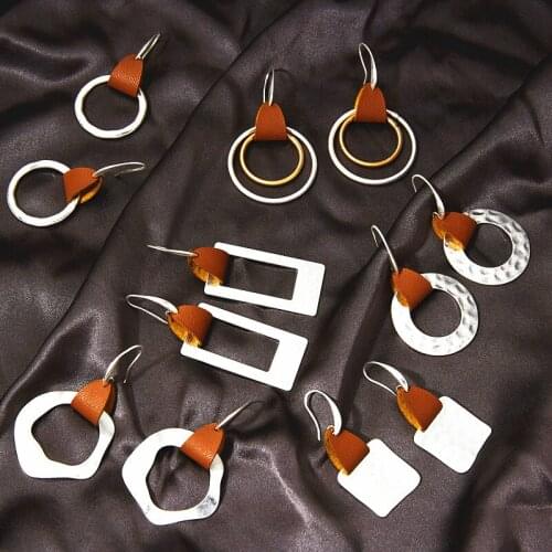 Leather Earrings for Women Handmade Geometric Round Circle Hook Earrings 2021 Fashion Statement Hanging Dangle Drop Earings