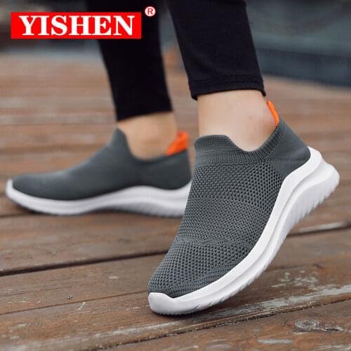 YISHEN Running Shoes Couple Lightweight Fly Knitting Sneakers Summer Breathable Comfortable Unisex Casual Shoes Size 35-45
