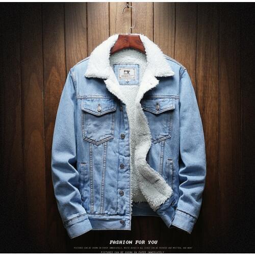 TANG New Men Large Size Wool Liner Thicker Winter Denim Jackets Men Light Blue Winter Jean Jackets Outerwear Warm Denim Coats