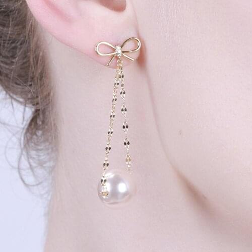 KIVN Earings Fashion Jewelry Female Gold Bowknot Ribbon Cubic Zirconia Pearl Long Dangle Earrings for Women Jewel Christmas Gift