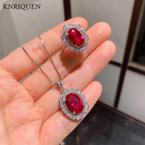 925 Sterling Silver Ruby Sapphire Gemstone High Carbon Diamonds Pendant Necklace Ring Charms Wedding Fine Jewelry Sets for Women
