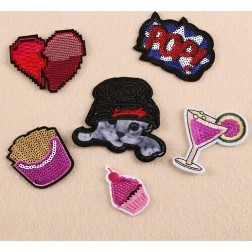 50pcs/lot Sequins Embroidery Patches Letters Ice Cream Fries Cat Clothing Decoration Accessories Diy Iron Heat Transfer Applique