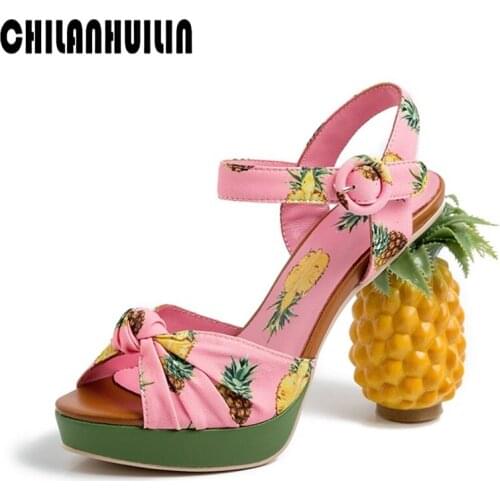 Brand novelty fashion pineapple high heel pumps women shoe sexy open toe leather sandals women party date shoes platform sandals