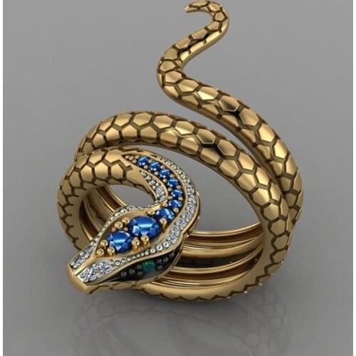 Charm Golden Snake Ring Blue Rhinestone Inlaid Snake Ring for Men and Women Fashion Noble Jewelry Gifts Drop Shipping