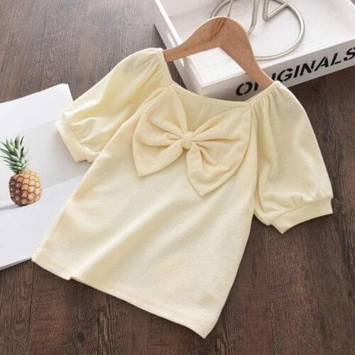 Solid Color Girls T-Shirt Short Sleeve Lightweight Tops Bow Kids Summer Simplicity Clothes Casual Children Birthday Party Wears
