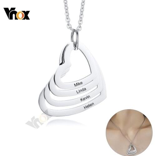 Vnox 2-4 Family Names Free Engraving Hollow Heart Pendant Stainless Steel Women Necklaces Fashion Stylish Elegant BFF Gift