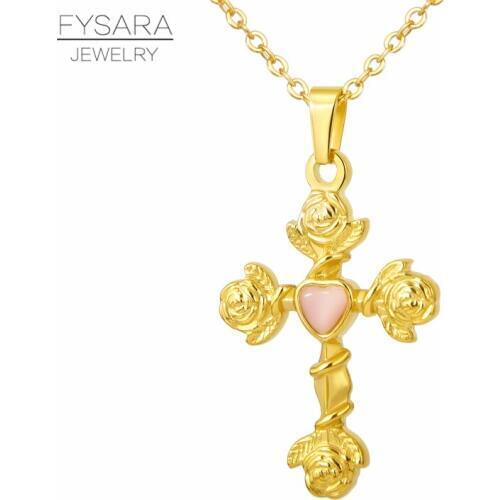 FYSARA Religious Jewelry Cross Necklace & Pendant Rose Flower Pink Stone Christian Choker Titanium Steel Necklace For Women
