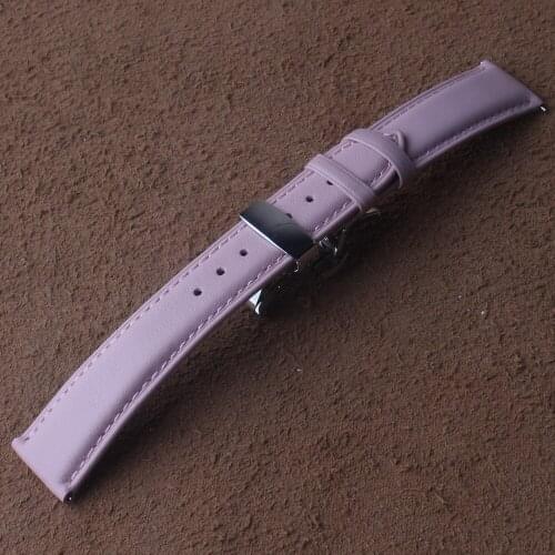 New Smooth Genuine Leather Watchband 12 14 16 18 19 20mm Pink Breathable Calfskin Strap Butterfly Buckle Silver for Brand ladys