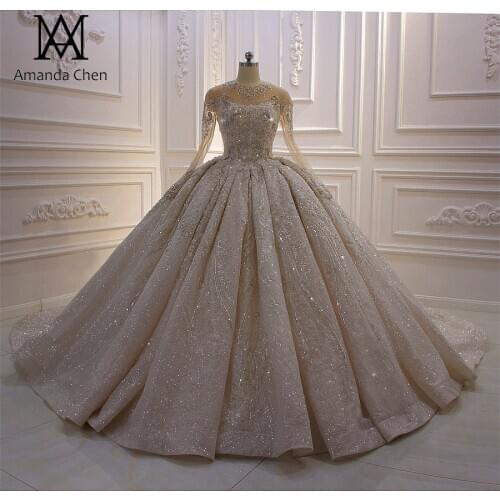 Luxury Long Sleeves Lace Appliques Rhinestone Wedding Dress 2020