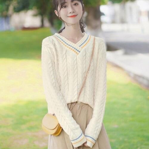 BOKITECAO sweaters New autumn and winter V-neck womens loose stripe Pullover twist sweater