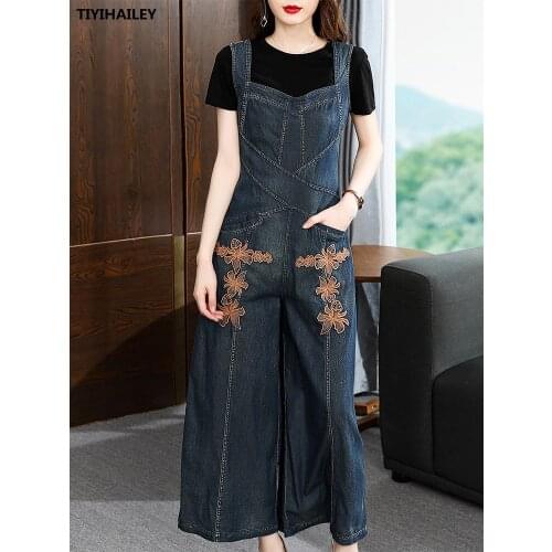 TIYIHAILEY Free Shipping Women Wide Leg Denim Embroidery Jumpsuit And Rompers S-XL Sleeveless Thin Summer Trousers With Pockets
