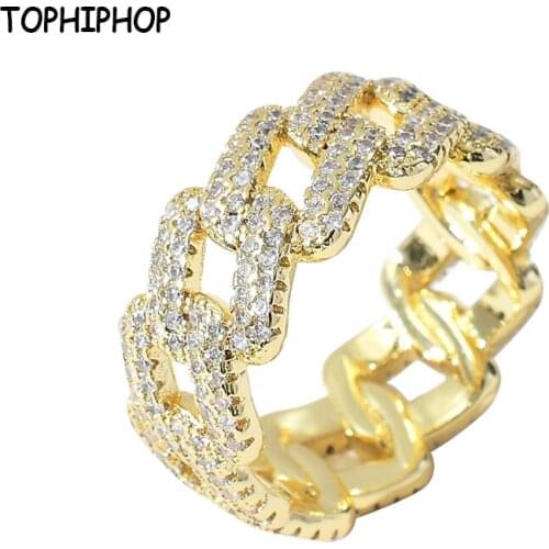 TOPHIPHOP New Hip Hop Cuban Link Ring High-Quality Copper Gold Micro-Inlaid Zircon Electroplated Real Gold Mens Ring
