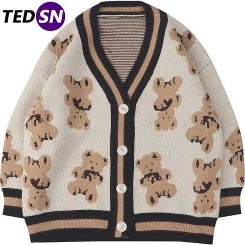 Cartoon Bear Print Knitted Mens Cardigan Sweater Streetwear Harajuku Casual Pattern Male Woman Cardigan Jacket Coats Spring