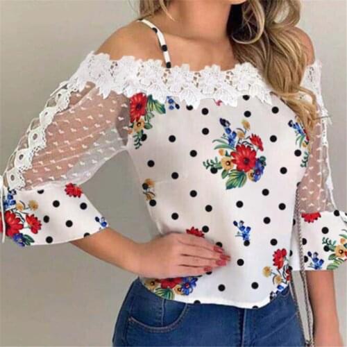 Autumn Sexy Slash Neck Halter Lady Blouses Elegant Off Shoulder Polka Dot Print Pullover Tops Fashion Splicing Lace Sleeve Shirt