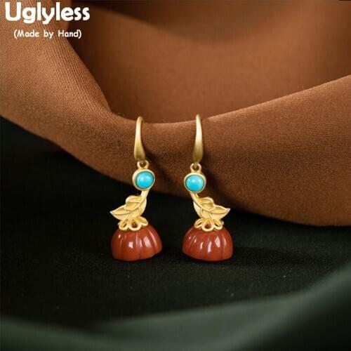 Uglyless Bohemia Ethnic Turquoise Earrings for Women Real 925 Sterling Silver Leaf Floral Earrings Agate Lotus Fine Jewel E1739
