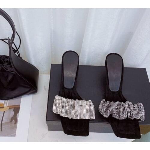 Bling Crystal Women Slippers Square Toe Sexy Mid Heels Genuine Leather Soft Women Shoes 2021 Summer Women Sandals Designer Shoes