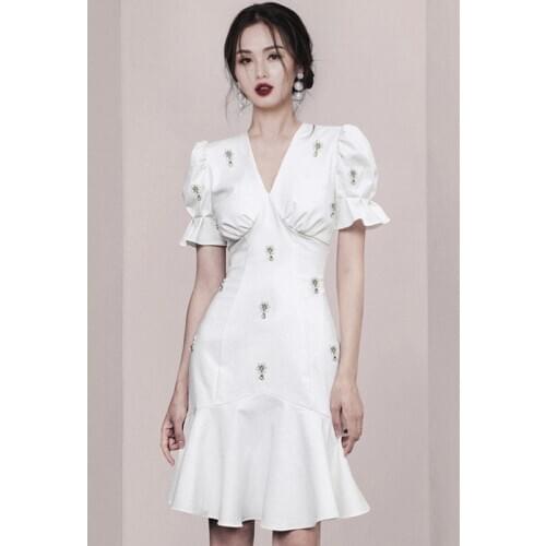 Diamonds Summer Dress Women Sexy V Neck Puff Sleeve High Waist Ruffles Mermaid Dress Vintage Mini Dress Plus Size Office B199