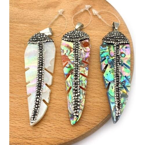 1pc Fashion Natural Shell Pendants Leaf-shaped Abalone Shell with Rhinestone DIY for Making Necklace Accessions 20x65mm Size
