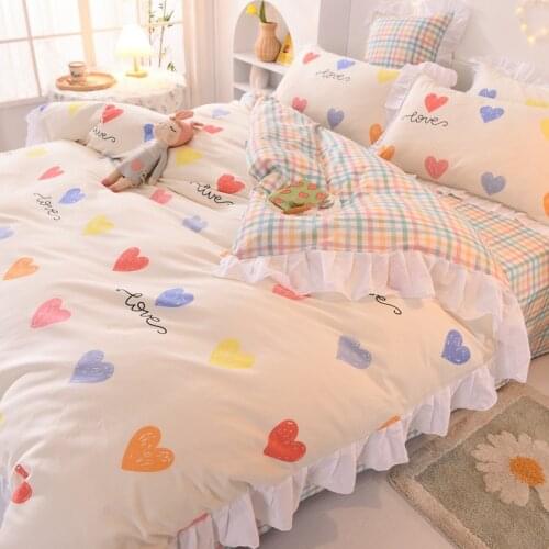4pcs Ins Korean style cotton Bedding Sets Ruffle fresh Princess Bed Duvet Cover flat fitted Sheet