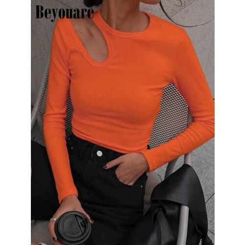 Beyouare Sexy Hollow Out Women T Shirt Ribbing Casual Round Neck Long Sleeve Skinny Tops 2021 Autumn Solid Elegant Basic Tees
