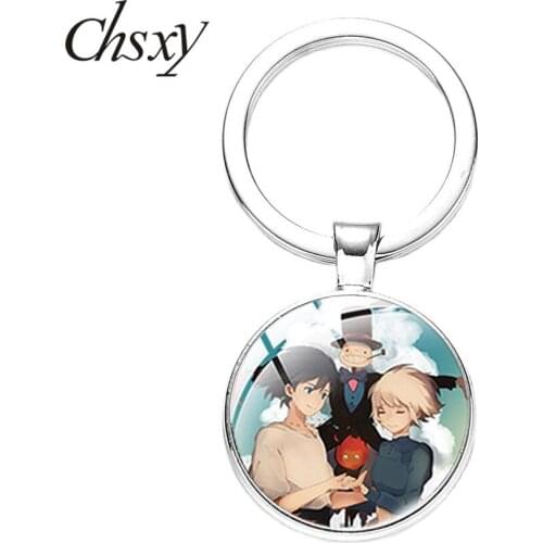 CHSXY Japan Anime Howls Moving Castle Keychain Art Photo Glass Key Chain Metal Holder Key Ring Cool Kids Jewelry Gifts Unisex