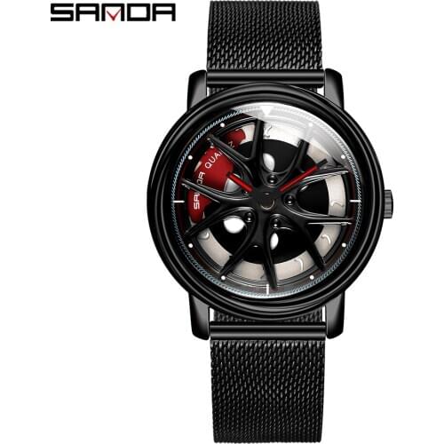 SANDA Special Wheel Shape Rotating Dial Quartz Watches Quality Steel Mesh Belt Life Waterproof Men Watch Relogio Masculino 1025