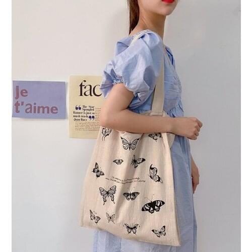 Cotton Linen Women Canvas Shopping Bags Eco Friendly Shoulder Bag Large Capacity Vintage Handbag Tote Butterfly Sailing Print