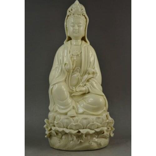 Chinese Decorate Porcelain Carve Religion Efficacy Kwan-Yin Holding Ruyi Statue