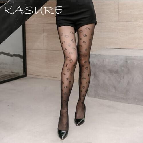 KASURE Women Sexy Transparent Tights With Patterned Tattoos Inscription Nylon Tights Elastic Silver Yarn H Print Pantyhose