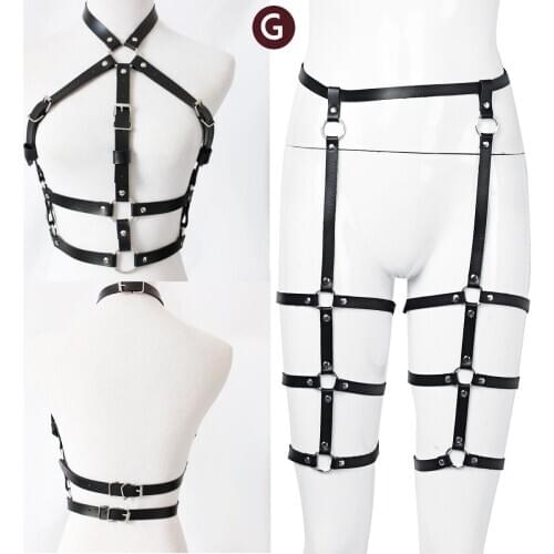 Leather Harness Underwear 2 Piece Set Garter Belts Sexy Women Waist To Leg Bondage Cage Straps Bra Garter Body Belts Lingerie